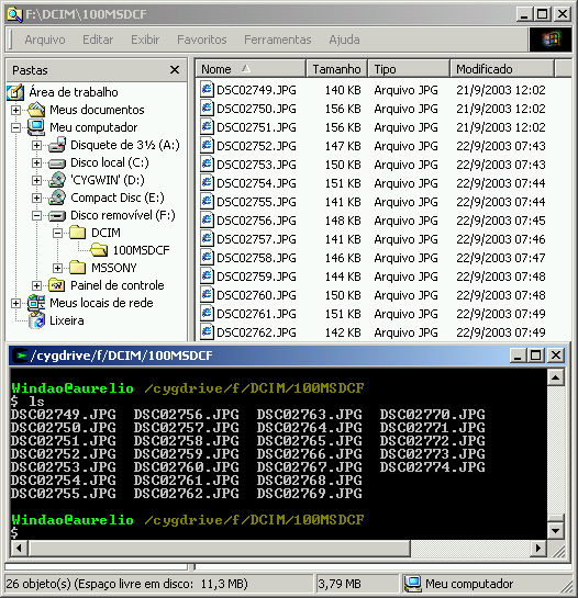 Arquivos da câmera digital mostrados no Windows Explorer e no prompt do Cygwin (bash)
