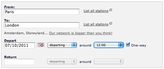 Exemplo de consulta no site da Eurostar: viagem de Paris a Londres no dia 07/10/2011 saindo perto do meio-dia — Só ida, sem volta (one-way)